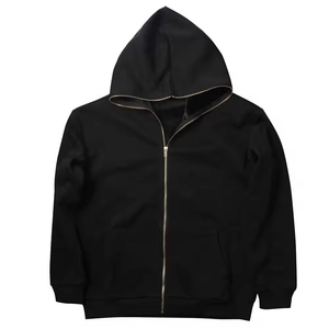 Sweat à capuche zippé surdimensionné en polaire 400 GSM le moins cher, sans cordon de serrage, OEM ODM, noir, uni, pour hommes - Product Image 1