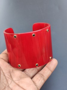 MN EXPORTS Trendy <b>Red</b> Cow Horn Cuff <b>Bracelet</b> with Gold Studs Unisex Christian Gift Modern Fashion Jewelry - Product Image 4
