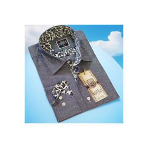 Blue Gray Jean Style Oxford Woven Collar and <b>Cuff</b> Slim Fit Shirt with Leaf Pattern - Product Image 3