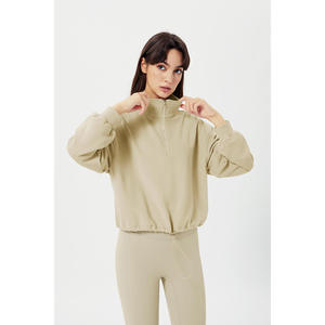 Conjunto de Sudadera Corta Beige con Media Cremallera y Leggings a Juego para Mujer, Premium, de Gran Gramaje, Marca Privada OEM Trackstar - Product Image 1