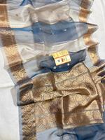 Saree Kadhwan de Chifón 100% Puro, Hecho a Mano, con Detalles Tradicionales Exquisitos, Tela Elegante Plateada