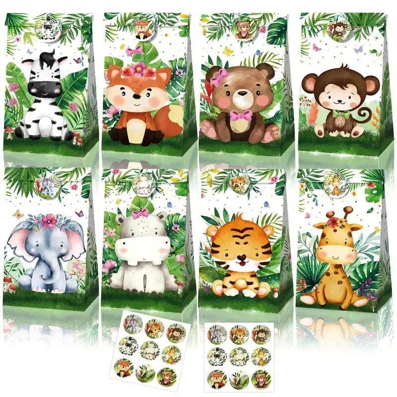 Sacos de papel para festas na selva, sacos de doces de animais safari com adesivos para presente de aniversário, decoração para crianças, 12 unidades