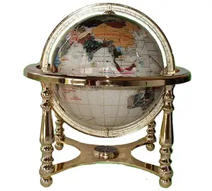 Antique brass 13" Tall 9" Diameter Pearl White Ocean Desktop 4 Leg Gold Stand Gemstone Globe by Unique Antique brass Since 1996