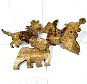 Venda quente 3D animais em forma de madeira vaca cão Bulldog para arte parede pendurar e decorar escultura em madeira artesanato