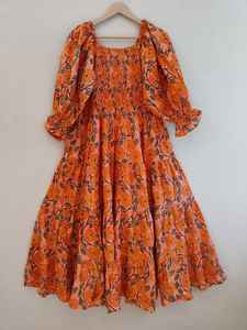 Vestido de Mujer, Vestido Largo de Algodón con Estampado a Mano, Vestido Largo con Escote Cuadrado y Fruncido, Vestido de Verano de Algodón - Product Image 6