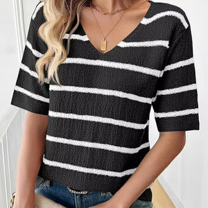Suéter de manga corta de verano para mujer, camisetas a rayas con cuello en V, camisetas informales holgadas, Top de punto de moda 2025 - Product Image 6