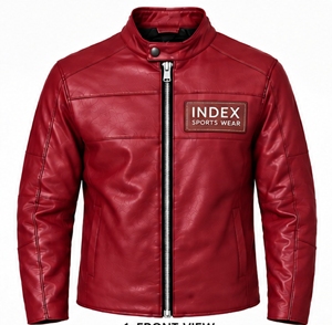 Chaqueta de Cuero Sintético Roja para Hombre, Estilo Motero, Cuello Alto, Cierre de Cremallera, Corte Ajustado, para Otoño - Product Image 1