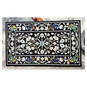 Rectangle Shape with Handmade Pietra Dura Polished Black Marble Inlay Coffee Table Top Use For Center Table Top And Home Decor