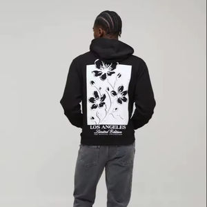 Sweat à capuche noir brodé avec motif floral imprimé, designs 2025, surdimensionné, pour homme, imprimé, respirant, 100% coton - Product Image 1
