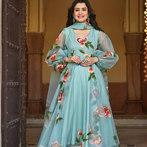 DESIGNER PARTY WEAR HEAVY ORGENZA DIGITAL <b>PRINT</b> GOWN WITH DUPATTA - Product Image 1