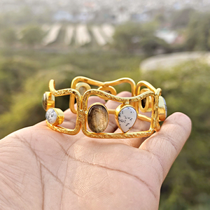 Designer adjustable cuff <b>bracelet</b> natural stone labradorite with dendritic <b>opal</b> textured <b>bracelet</b> 18k gold plated wide band cuff - Product Image 5