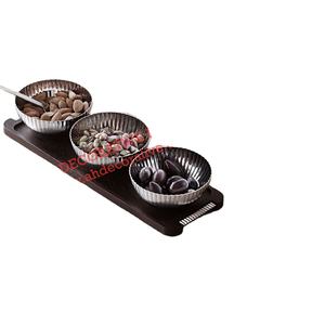 Mango <b>Wood</b> Foods <b>Tray</b> With Silver Bowl Set of 3 for Living Room High Quality <b>Table</b> Serving <b>Tray</b> With Salad Bowl - Product Image 1