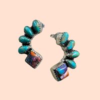 Bague Dahlia turquoise et rose faite à la main multi-pierres huître épineuse Kingman naturelle avec boucle d'oreille en argent 925 pour fiançailles