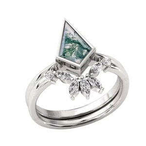 Anillo de compromiso y boda de plata 925 estilo victoriano con ágata musgosa natural en forma de cometa, engaste de garras, clásico, certificado, para fiesta - Product Image 1