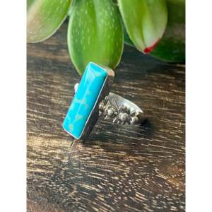 Navajo-Made Fine Jewelry Kingman Turquoise & Sterling <b>Silver</b> Bar <b>Statement</b> <b>Ring</b> Size 6.5 for Everyday Wear - Product Image 4