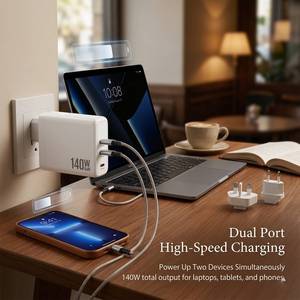 อะแดปเตอร์ชาร์จเร็ว 140W GaN USB-C 2 พอร์ต PD 3.1 พร้อมปลั๊กเปลี่ยนได้ EU/UK/AU/US สำหรับ <span class=keywords><strong>iPhone</strong></span> 17 - Product Image 2