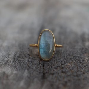 Anillo de Compromiso Minimalista Unisex con Piedra de Labradorita, Plata de Ley 925 Maciza, Baño de Oro, Corte Brillante, Engaste de Puntas, Gemas K - Product Image 3