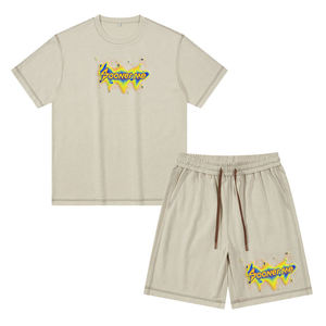 ชุดเสื้อยืดและกางเกงขาสั้นผ้าฝ้ายพิมพ์โลโก้ตามสั่ง เป็นมิตรกับสิ่งแวดล้อม สำหรับฤดูร้อน ชุดสองชิ้นสำหรับผู้ชาย พร้อมตัวอย่างฟรี - Product Image 1