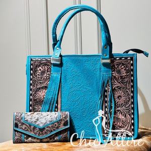 Bolso de mano grande turquesa de cuero repujado a mano más vendido y conjunto combinado de cartera de cuero de vaca occidental para mujer - Product Image 1