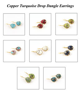 Gouttes pendantes minimalistes mohave cuivre améthyste turquoise poire forme boucle d'oreille en laiton plaqué or cadeau de mariage bijoux boucles d'oreilles - Product Image 2