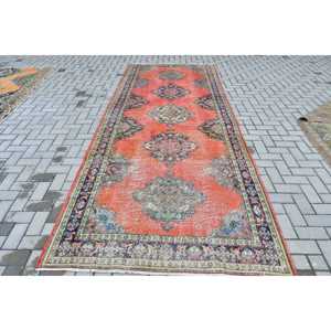 Turkish 4.8x12.3 ft Rug, Vintage <b>Runner</b> Rug, <b>Red</b> Floral Rug - Product Image 1