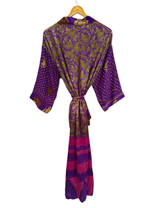 Robe longue tenue de nuit, Kimono Sari en soie recyclée vintage indien fait à la main Robe multicolore Robe de bain - Product Image 4