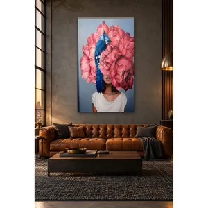 Impression sur toile Fida Woman avec pivoines roses et oiseau bleu - Product Image 3