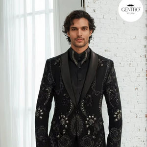 Traje Negro Bordado Entallado para Hombre para Fiestas, Eventos, Bordado Personalizado, Traje de Banquete de Boda para Hombre - Product Image 1