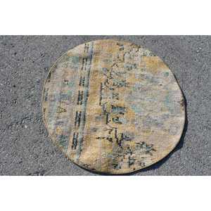 Vintage Turkish Round Rug 2.7x2.8 ft, <b>Yellow</b> <b>Wool</b> Rug - Product Image 3