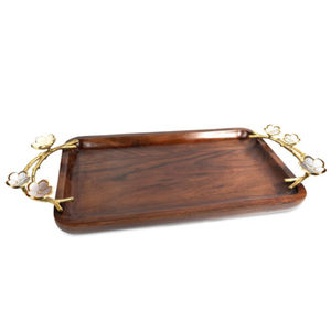 Bandeja de Servir Artesanal de Madera de Mango con Asas Florales Doradas Únicas, Bandeja Decorativa de Madera para Uso en el Hogar y Restaurantes - Product Image 1