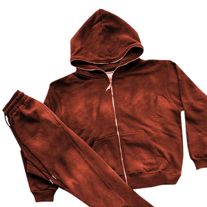 Ensemble survêtement à capuche zippé en molleton délavé marron pour homme, veste vintage, pantalon de jogging, tenue décontractée de rue surdimensionnée, hiver - Product Image 3
