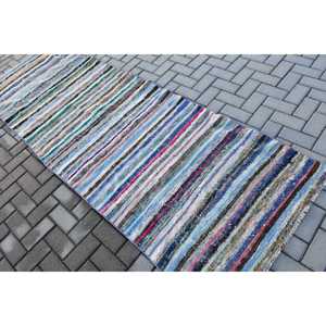 Alfombra de 3.2x9.4 pies, Alfombra Turca Vintage, Alfombra de Lana a Rayas Azul Verde - Product Image 4