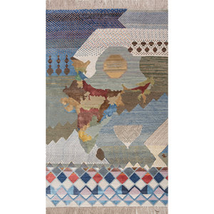 Tapis rectangulaire Manchaha bleu en laine et soie de bambou noué à la main 10 mm pour couloir et maison - Modèle Les-2651 Abstrait Fait main - Product Image 1