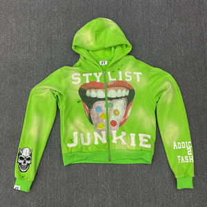 Fabricación de ropa personalizada bordado de peso pesado Sun Faded Zipper Asidwash sudadera Rhinestone Boxy Cropped Distress Hoodie - Product Image 1