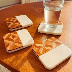 Sous-verre en marbre et bois de qualité supérieure, design moderne et luxueux, forme de 400 mm de diamètre, pour tasses, mugs, verres, table de cuisine, usage quotidien - Product Image 2