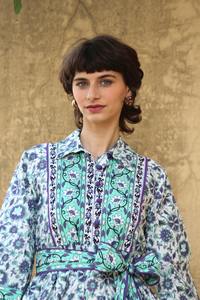 Nueva llegada mujeres Casual Floral bloque estampado vestido con cuello en V Midi Vintage Puffi mangas con cinturón vestido elegante - Product Image 3