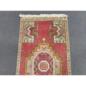 Vintage Small Rug 1.5x3 ft (46x92 cm), Turkish <b>Red</b> Animal Print <b>Wool</b> Rug - Product Image 5