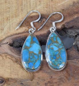 Azul cobre turquesa 925 plata esterlina sólida piedra preciosa turquesa pera 1 par gancho pendiente diciembre piedra natal regalo para ella - Product Image 4