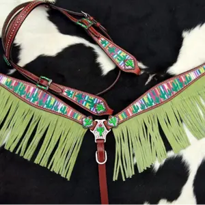 Têtière, harnais et bride en cuir indien de haute qualité faits à la main avec logo personnalisé, design à franges western, exclusif pour les chevaux - Product Image 1