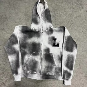 Dirty Acid Wash <b>Zip</b> <b>up</b> <b>Cropped</b> Stacked Thick Oversized Baggy Embroidery Patch French Terry Hoodie Set Custom Tracksuit OEM Trend - Product Image 2