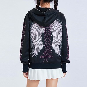 Sweat-shirt à capuche pour femme, streetwear d'hiver, avec logo de crâne en strass sur le devant, 100% coton, de haute qualité - Product Image 2