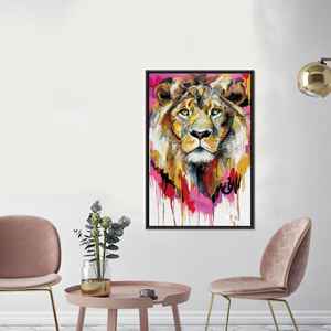 Superbe art mural abstrait en verre trempé avec motif de lion - Toile imprimée, toile encadrée noire - Product Image 1