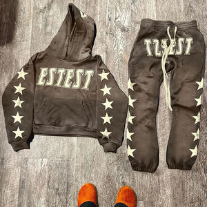 Survêtements personnalisés délavés à l'acide, jogging en coton, survêtement à broderie, ensemble pantalons de survêtement évasés et sweats à capuche, survêtements de détresse - Product Image 6