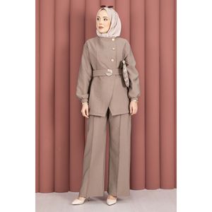 Conjunto de Dos Piezas para Mujer, Color Visón, con Botones Dorados y Cinturón, Talla M - Product Image 5