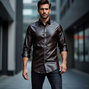 Camisa de cuero genuino con botones de manga completa de alta calidad para hombres | Camisas de cuero de doble bolsillo con cuello vuelto informal para hombres - Product Image 4