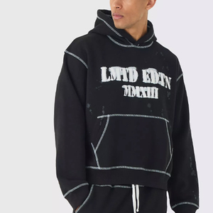 Survêtement Streetwear noir délavé à l'acide avec impression personnalisée Sweat à capuche surdimensionné et pantalon évasé à rayures contrastées Survêtements à pull - Product Image 2