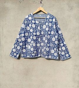 Chaqueta acolchada de algodón Reversible para mujer, abrigo corto con estampado de bloques a mano, tela tejida Kantha Sari, prendas de vestir exteriores informales para invierno - Product Image 6