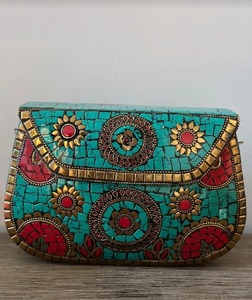 Handcrafted Mosaic Metal Clutch <b>Bag</b> with Turquoise Red & Gold Floral Inlay Boho Ethnic Purse <b>for</b> Party Wedding & Evening Wear - Product Image 4