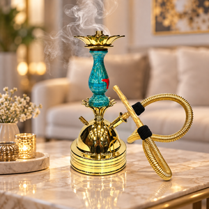 Farida Hookahs - Mesa de Centro de Lujo Coleccionable para Hookah/Shisha, con Mosaico Turquesa, Base de Latón Dorado, Bandeja Decorativa y Manguera, Estilo Egipcio - Product Image 5