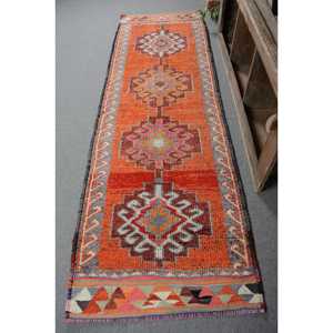 Turkish Vintage <b>Runner</b> <b>Rug</b> 3.1x9.7 ft, Herki Orange Wool <b>Rug</b> - Product Image 1